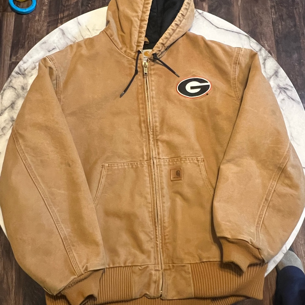 Carhartt Tan Hooded Jacket GUC, Men’s XL, a few marks at the elbows.